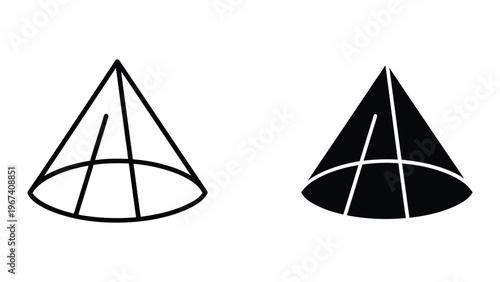 Comparison of wireframe and solid renderings of a geometric cone shape with circular base