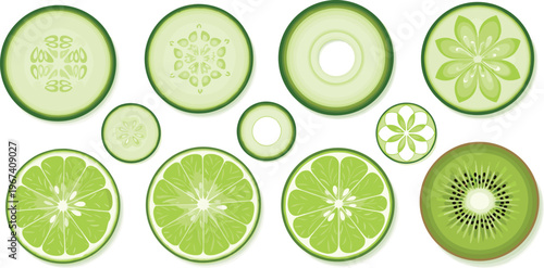 Green fruit slices vector set. Kiwi, lime and cucumber cross sections. Fresh organic citrus and vegetable slice collection for food design.