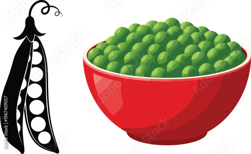 Green peas in bowl and pod set. Fresh legume vegetable illustration. Organic healthy food ingredient. Perfect for cooking, farming and nutrition design.