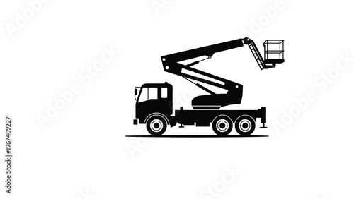 aerial work platform truck with hydraulic lift bucket silhouette construction maintenance vehicle black and white isolated illustration