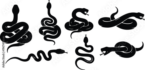 Black Snake Silhouette Vector Set Featuring Coiled Serpents, Striking Cobras, and Slithering Reptile Designs for Tattoo Art, Wildlife Illustration, and Dangerous Predator Graphic Concepts