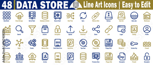 Data store line art icons set. Depicting server racks, cloud storage, and network security elements for information technology and database management systems, vector illustration.
