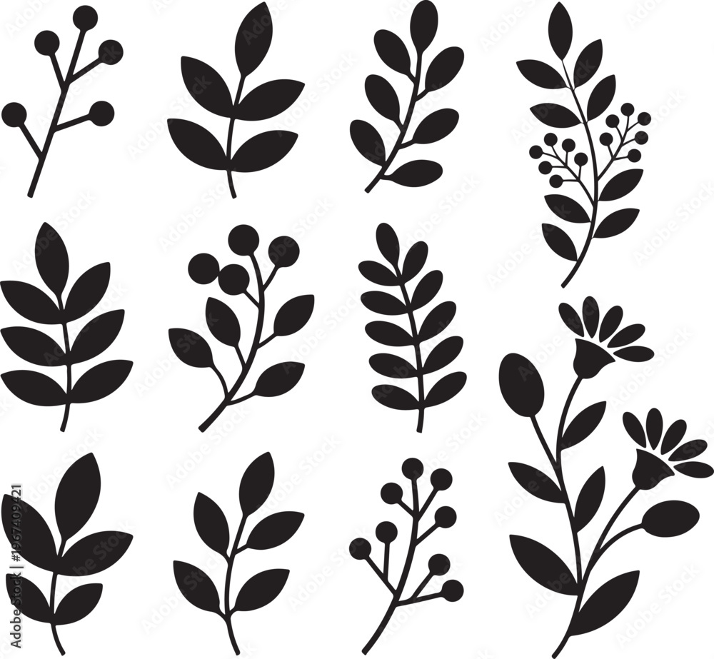 Fototapeta premium Set of simple silhouette botanical elements including leaves branches and flowers for organic graphic design and natural element creation.