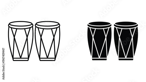Two pairs of conga drums depicted in contrasting visual styles