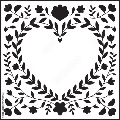 Folk art floral heart frame with leaves and flowers in symmetrical silhouette style for romantic valentines or wedding stationary.