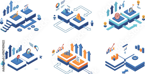 Tableau sur toile Isometric Business Analytics Illustration Set with Growth Charts, Data Flow, Fin