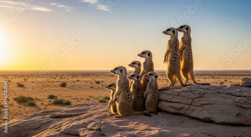 Meerkats Standing on Rocky Outcrop at Sunset.