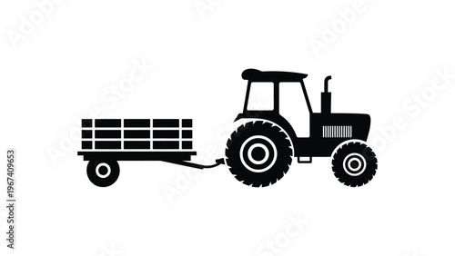 agricultural tractor with trailer silhouette farming transport vehicle black and white illustration isolated on clean background rural concept