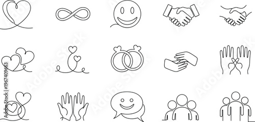 Line Icon Set of Love, Friendship, Handshake, Communication, and Human Connection Symbols for Social Interaction and Relationship Concepts