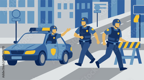 Police officers and car in urban street scene with barrier, flat design