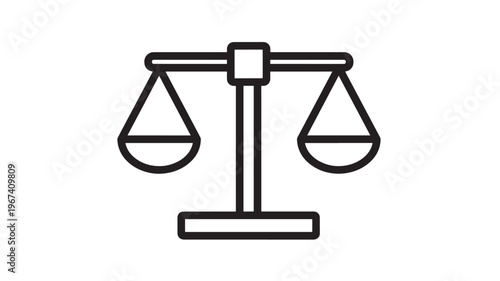 Scales icon with balanced pans on a white background, symbolizing justice and balance. featuring law, legal, fairness with weighing and equilibrium