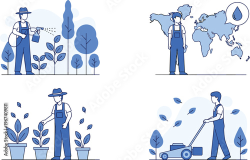 Smart farming illustration set. Farmers watering plants, lawn mowing and global agriculture concept. Modern eco farming and irrigation technology vector collection.
