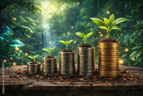 Financial Growth Concept with Coin Stacks and Plants in Fantasy Forest