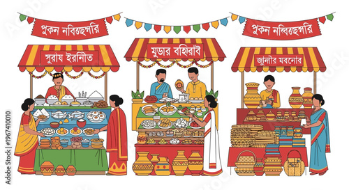 Vibrant Traditional Market Scene Illustration Featuring Bustling Stalls with Shoppers and Vendors Selling Cultural Food and Handicrafts