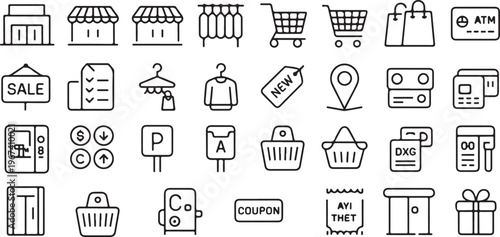 Shopping and retail store line icons set including grocery cart basket payment cards clothing hangers and supermarket storefront.
