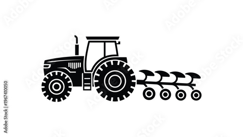 agricultural tractor with plow silhouette farming equipment black and white illustration isolated on clean background rural machinery concept