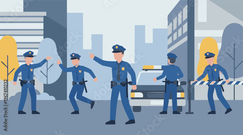 Police officers on duty in a city environment with patrol car and barrier