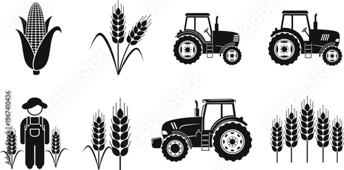 Agriculture icons set with tractor, farmer and crops. Wheat and corn symbols collection. Farming concept silhouettes. Simple vector elements for logo, packaging and rural design.