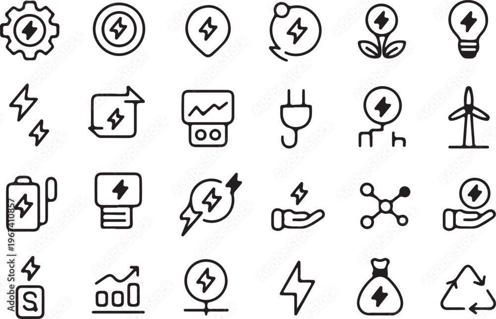 Fototapeta premium Energy and electricity icon set featuring power symbols for renewable resource management and electrical engineering infrastructure.
