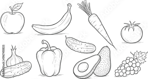 Hand-drawn Fruit and Vegetable Icon Set Featuring Apples, Bananas, Carrots, Peppers, and More for Organic, Healthy Eating, and Gardening Designs