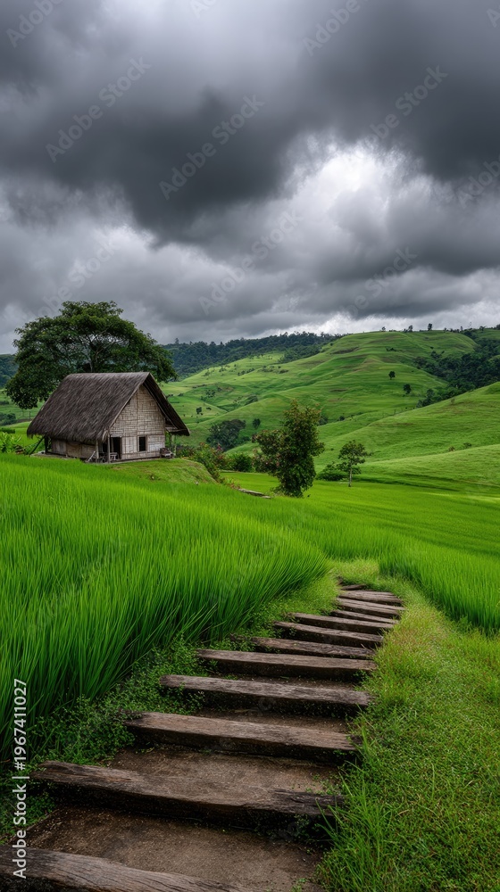 Fototapeta premium Close view of wooden stairs leading to a small house on a rice plantation in the mountains with blue sky and clouds above