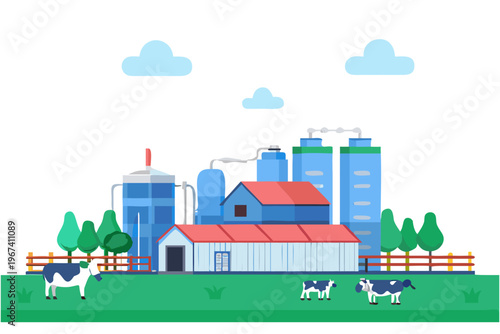 Industrial farm landscape with cows buildings and a bright green field
