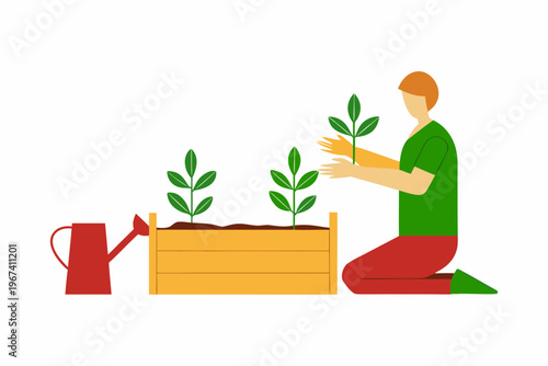 A person kneeling and tending to young plants in a garden