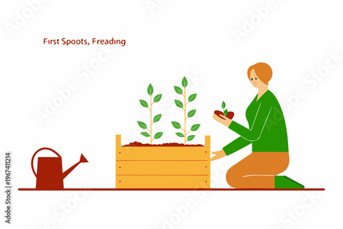 A woman gardening with young plants in a wooden planter box