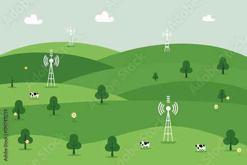 Photos Green rolling hills with multiple communication towers and grazing cows