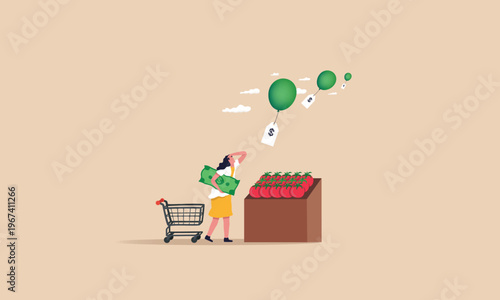 Woman with money looks up at rising tomato prices symbolized by balloons