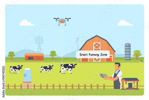 A modern smart farm featuring a drone barn and agricultural technology