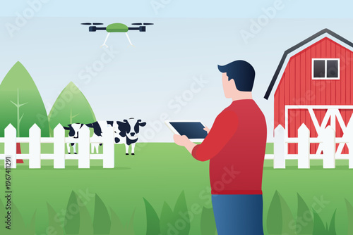 Farmer using a tablet to control a drone over a rural landscape
