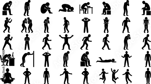 Business stress and burnout silhouettes set, frustrated employee mental pressure office problem vector icons