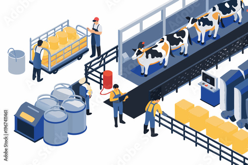Isometric illustration of a modern dairy farm and processing facility
