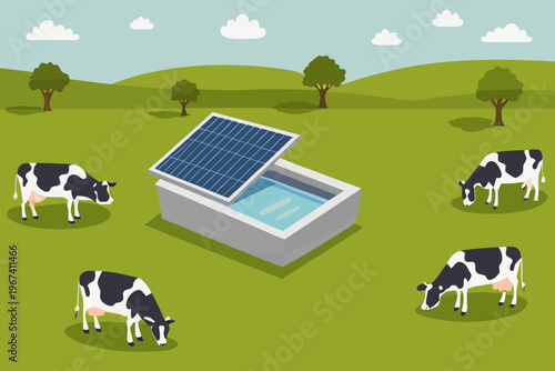 A solar panel powers a water trough in a green pasture with cows