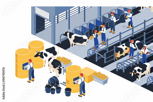 Isometric illustration depicts a busy modern dairy farm operation