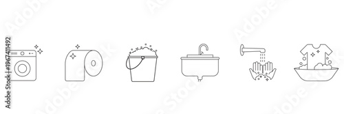 House cleaning icon set including washing machine toilet paper bucket sink faucet hand wash and laundry tub for sanitary maintenance.