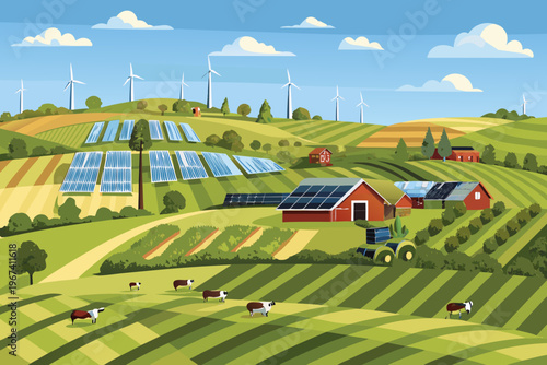 Rolling hills showcase a blend of solar panels wind turbines and farmland