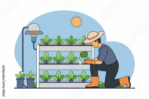 A gardener tending to small plants under a grow light indoors