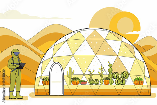A scientist examines plants growing inside a desert greenhouse dome