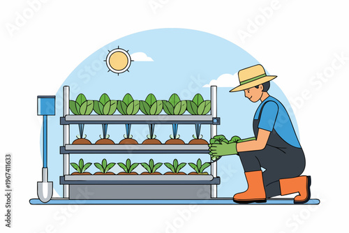Gardener tending to a vertical farm with seedlings and growing vegetables