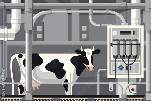 A black and white cow stands within a modern dairy farming facility