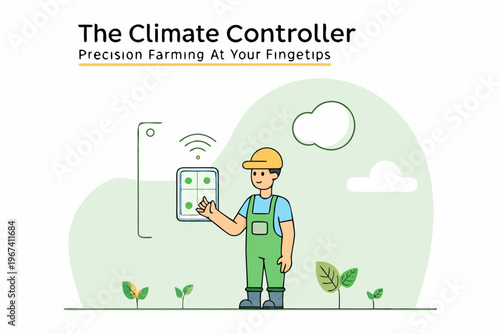 Precision farming technology illustration featuring a farmer with a controller