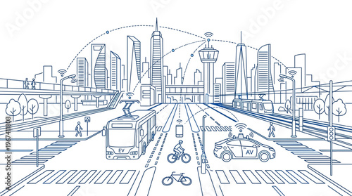 Modern smart city skyline with integrated transportation systems, urban traffic, and data network line art illustration.