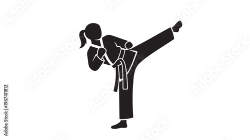 Woman in martial arts uniform performing a high kick with black silhouette and ponytail in a dynamic pose.