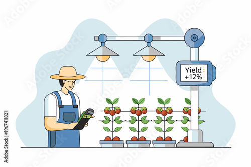 Farmer monitoring crop yield under artificial lights with digital display