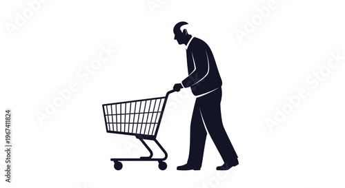 Silhouette of an elderly man pushing a shopping cart