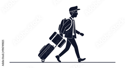 A silhouette of a traveler walking with luggage and a backpack