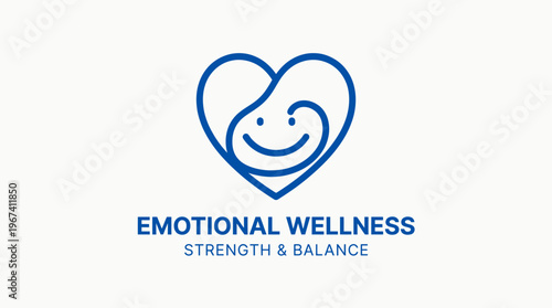 Emotional wellness blue heart with a smile logo representing strength and balance on isolated white background.
