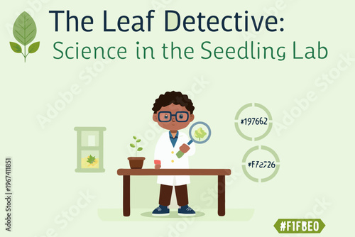 A young scientist investigates a seedling with a magnifying glass